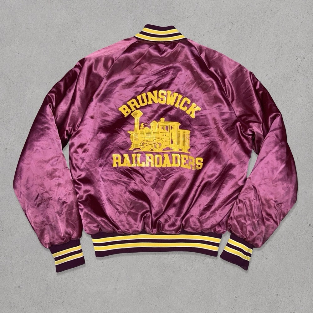 VTG 70s 80s Brunswick Railroaders Satin Bomber Jacket XS Burgundy USA King Louie